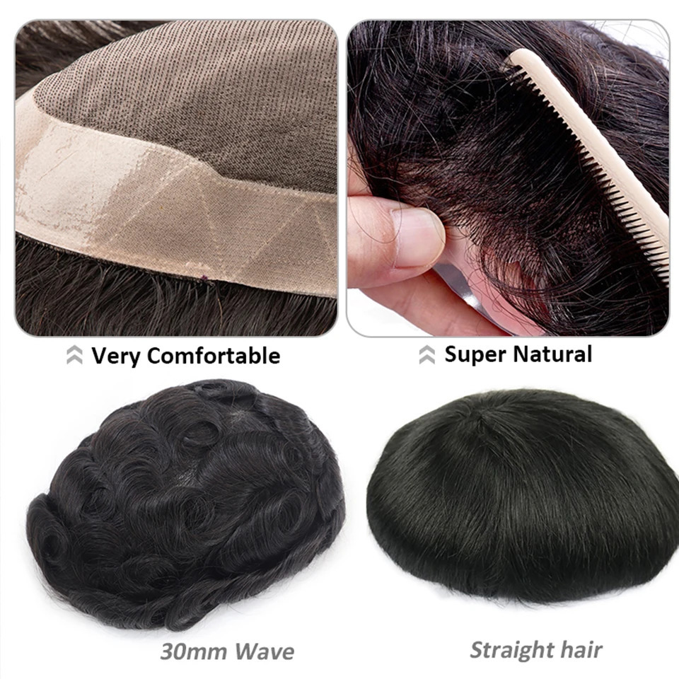 QHP Men Capillary Prosthesis Fine Mono Npu Toupee Straight Curly Human Hair Wig Man Durable Natural Hair Replacement Systems 241115