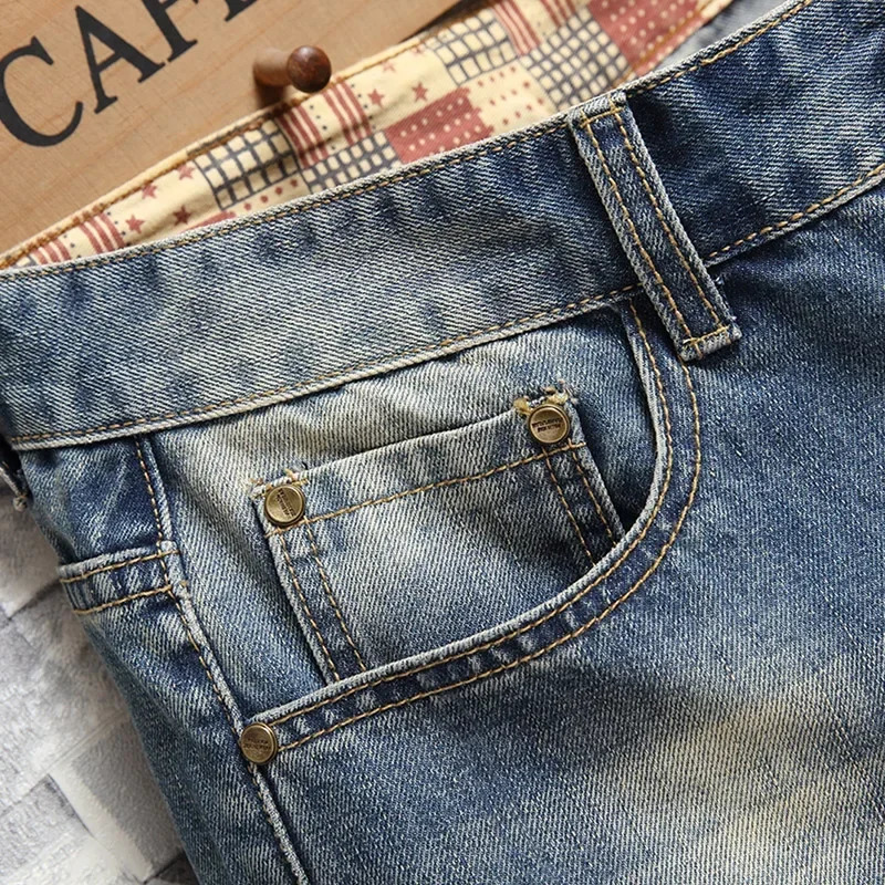 Summer Style Retro Ripped Denim Shorts for Men Fashionable Straight Leg Slim Short Jeans Hip Hop Streetwear Male 241115