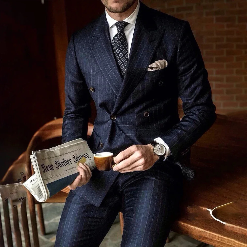 Trendy Navy Blue Striped Men Suit Lapel Double Breasted Male Blazer with Pants Formal Casual Wedding Slim 2 Pieces 241115