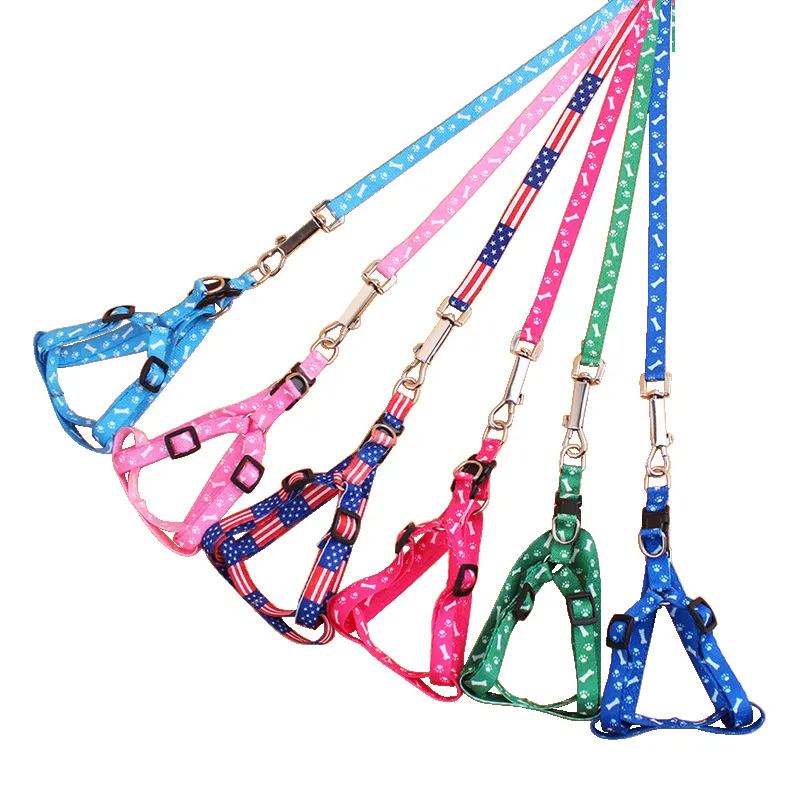 Adjustable Nylon Dog Harness Leash 120cm, Multi-Color Cartoon Animal Print, Breakaway Pet Collar for Spring/Autumn, Christmas Tie Rope
