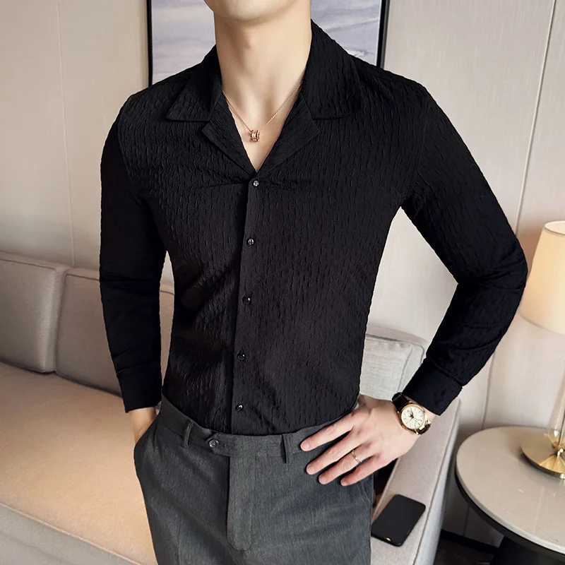 Men's Casual Shirts Long-sleeve Cuban Collar Shirt for Men British Style Slim Fit Mens Dress Spring Solid Social Chemise Homme Plus Size 4XL 2404