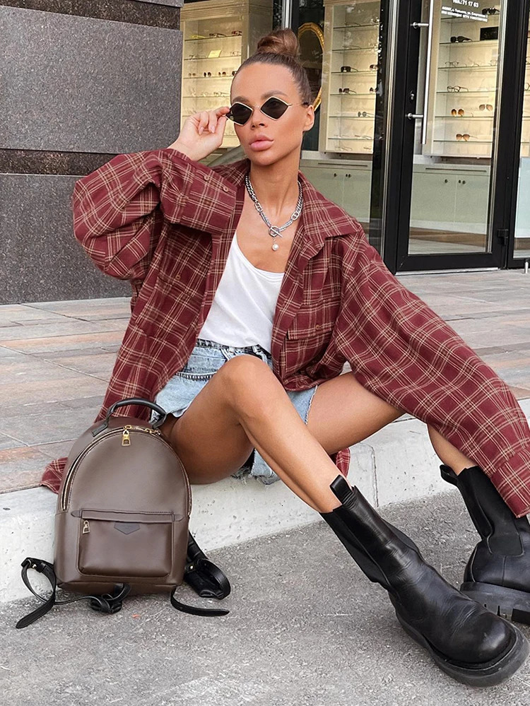 Mnealways18 Street Style Red Checkered Shirt Womens Irregular Long Sleeve Oversized Top Autumn Loose Ginkgo Top Trend 241115