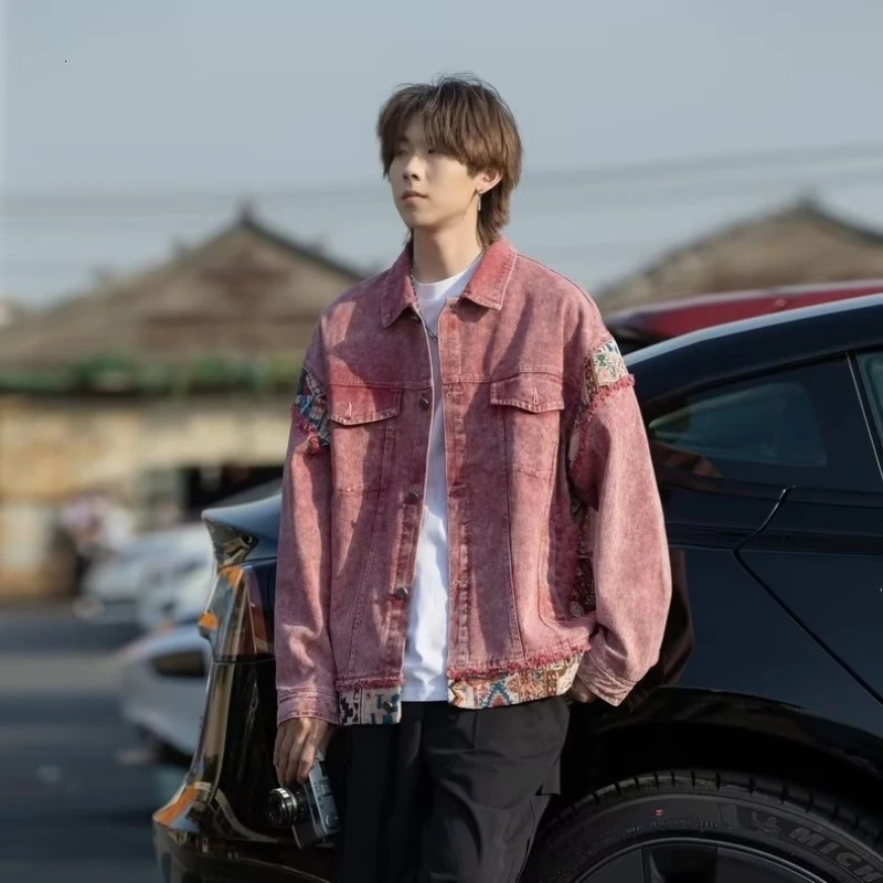 Pink denim jacket mens patchwork embroidered loose Harajuku couple jacket autumn Y2k street hip-hop denim jacket spring 241115