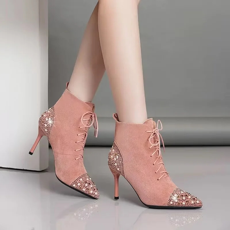 Crystal Chelsea Stiletto Heels Ankle Womens Boots Sexy Pointed Toe Shoes Winter 2025 Trend Suede Lace Up Dress Botas Mujer 241115