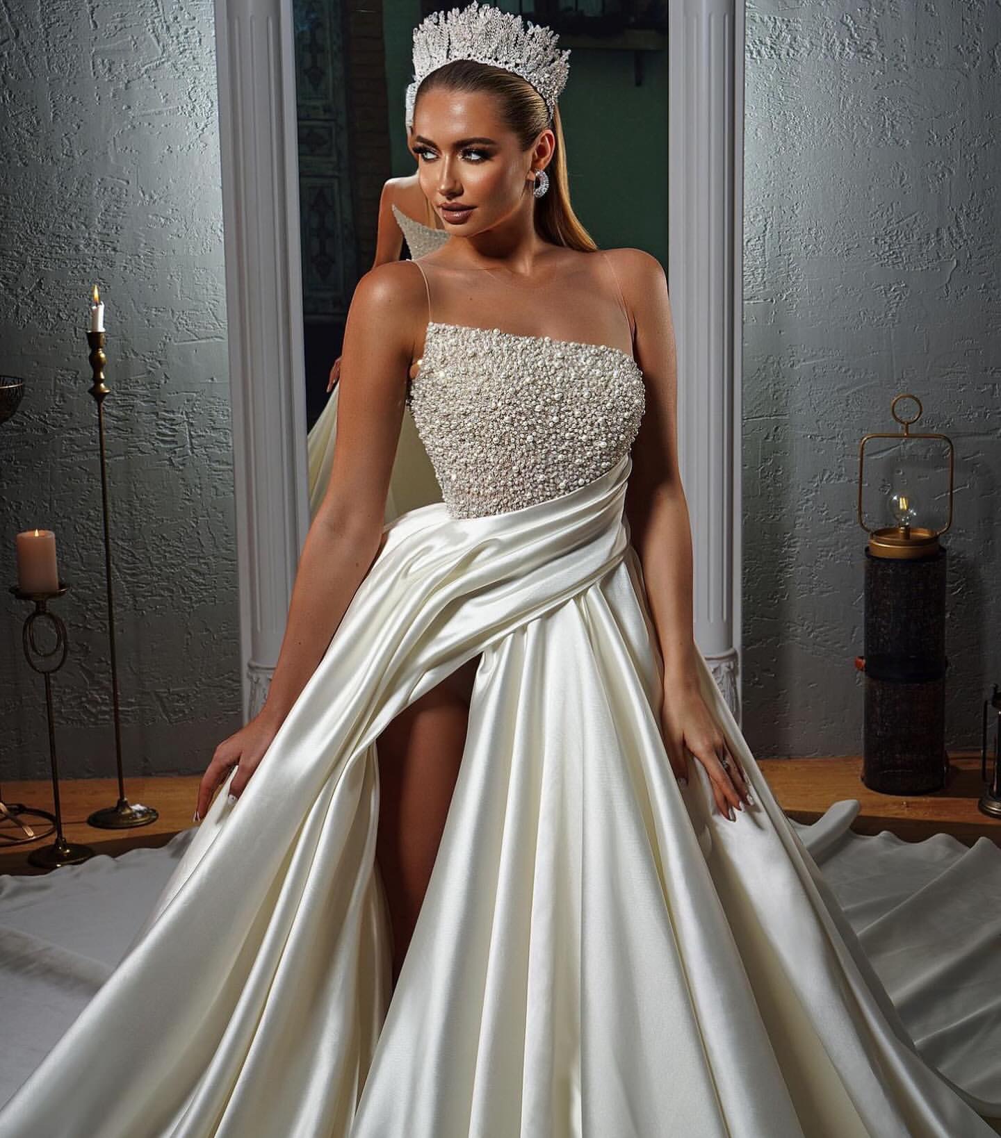 Vintage A e Dress for bride Sheer jewel pearls satin Wedding Dresses bridal gowns vestidos novia thigh split countries robe de mariage