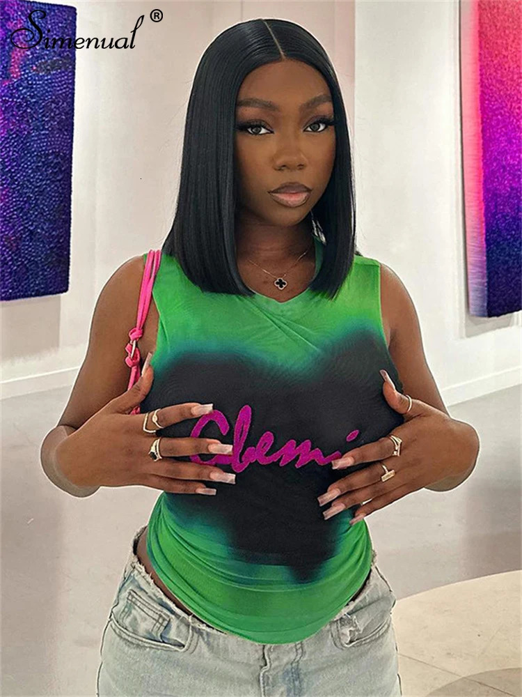 Simenual Fairy Grunge tie dye printed sleeveless vest top sexy mesh see through crop top womens club vest Y2K ultra-thin clothing 241111