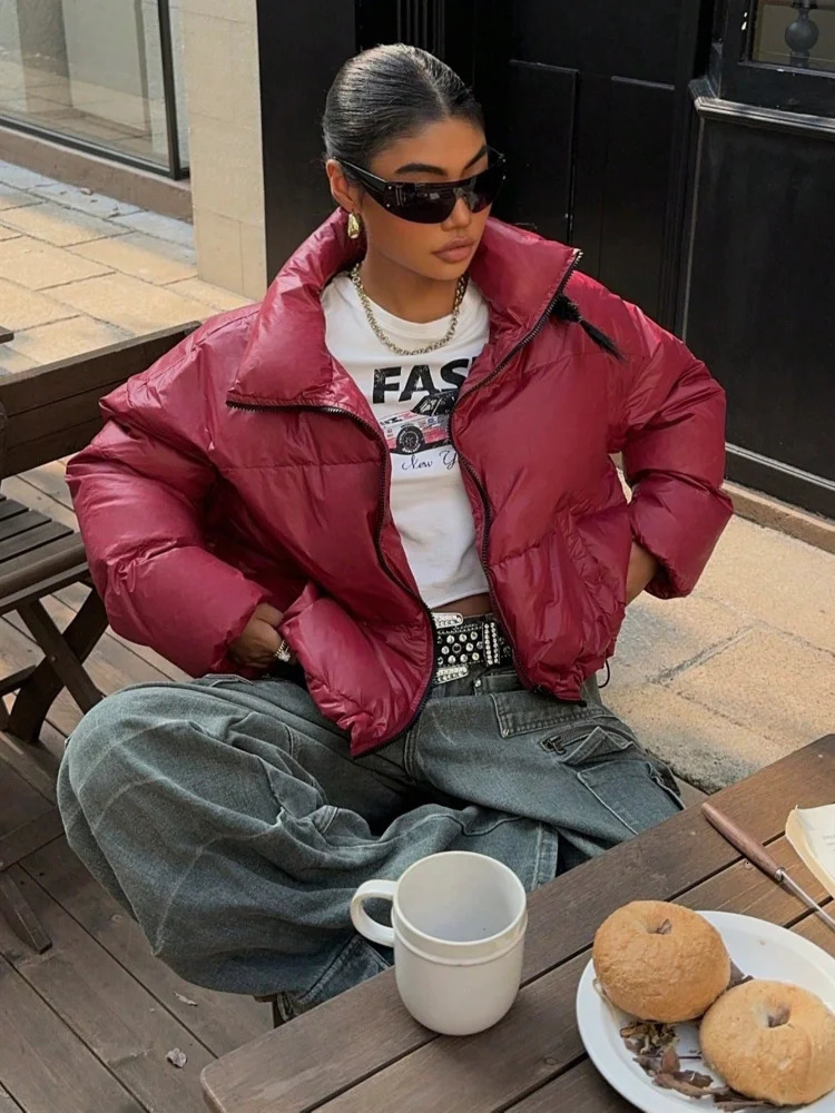 Vintage Burgundy Lapel Collar Women Cotton Coats Fashion Zipper Long Sleeve Down Jacket Lady Cool Girls Winter Commute Wear 241115