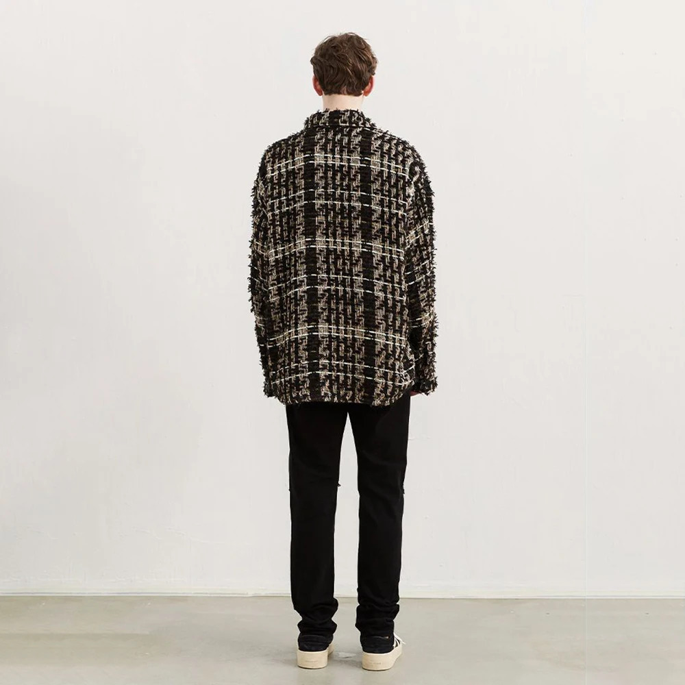 Mens autumn gold thread coarse tweed woven French coat strapless retro casual loose fashion trend jacket unisex 241115