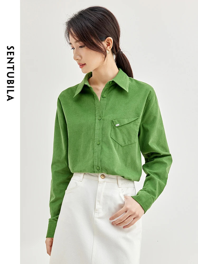 SENTUBILA Womens Cotton Corduroy Shirt Flip Collar Single Chest Spring Green Loose Shirt Womens Long Sleeve Top 133C51681 241115