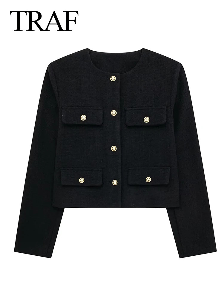 TRAF 2024 Fashion Women Bomber Cropped Jackets Female Golden Button Blazer Spring Womens Chic Streetwear Outwear Top 241108