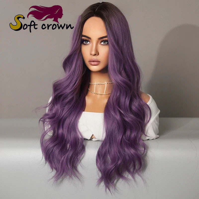 New for Ladies mid length wavy lace wig headpiece with gradient highlights Brown pink Purple hair girl cosplay synthetic wig
