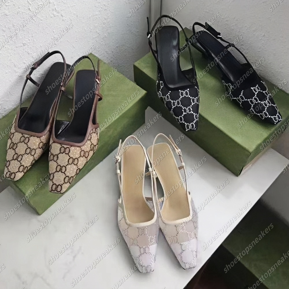 Designer Sandals Dress Shoes Slingback heels Luxury Mid Heel Slippers Rhinestone Square Toe Crystal Sparkling Print Pumps Party Wedding Leather Heels Slide