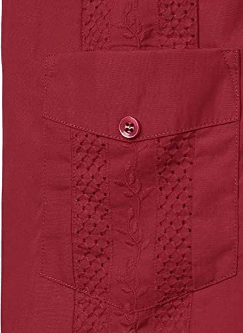 Men's Casual Shirts Wine Red Four-Pocket Cuban Guayabera Shirt Men Short Sleeve Camp Collar Male Embroidered Mexican Cigar Wedding Beach 240416