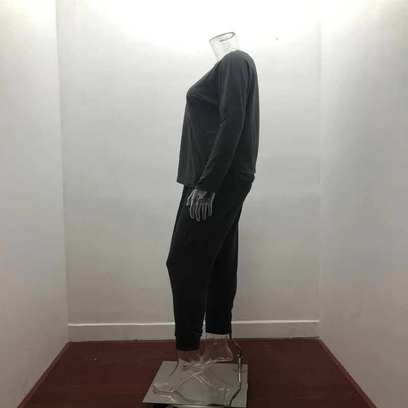 Womens Long Sleeve Round Neck Top and Pants Set Simple Solid Colour Pajama Casual O Two Piece Outfit 241115