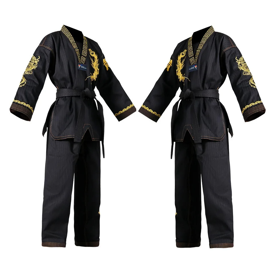 Regular Black Taekwondo Gi Uniform Set 8oz Ultra Light TKD Suit With Belt For Kids Adults Unisex Dragon Pattern Embroidery 241115