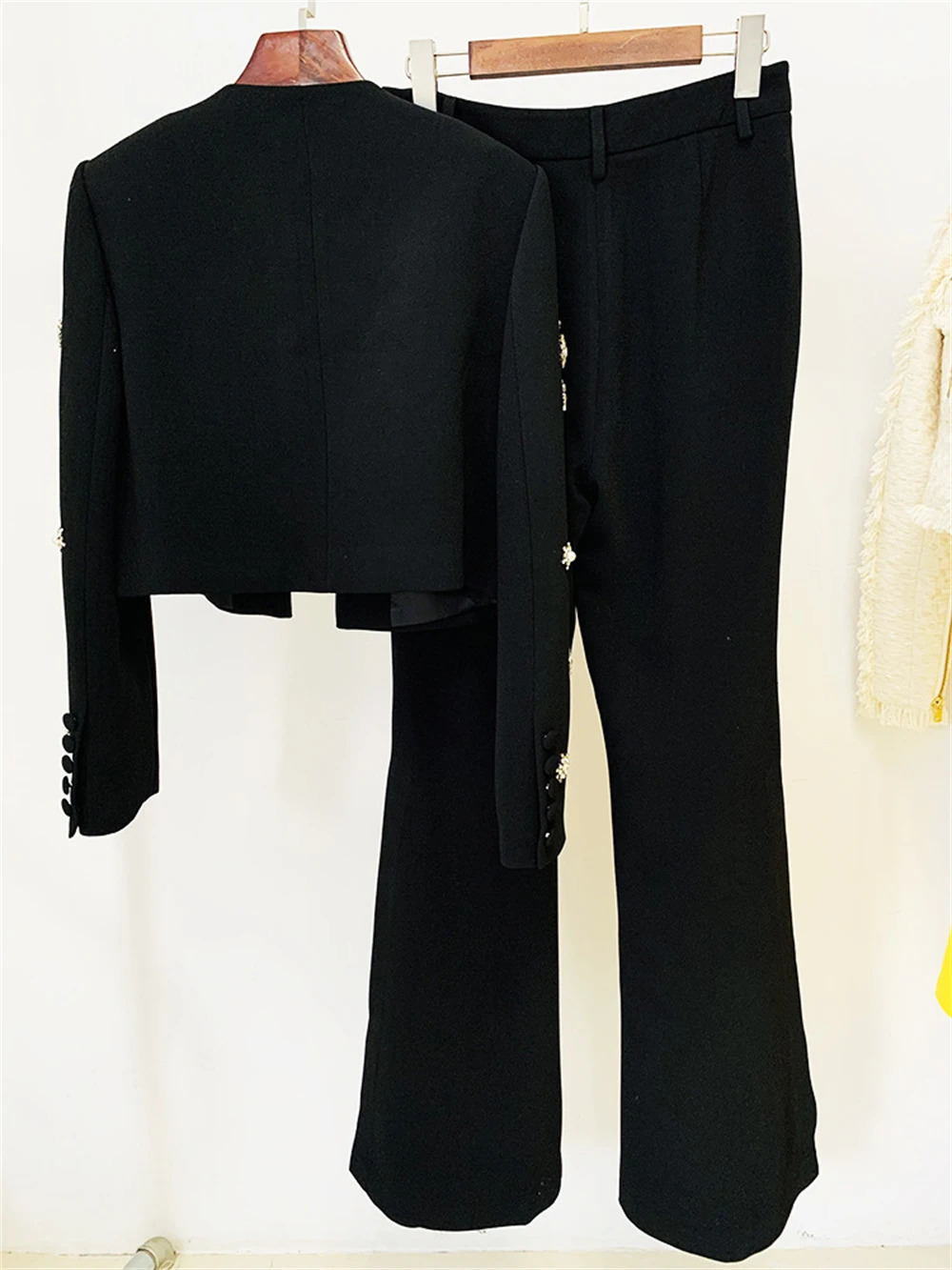 Crystal 2piece ultrathin womens set including short sleeved jacket and glitter pants with side seam handheld Rhinestone tailcoat 241115