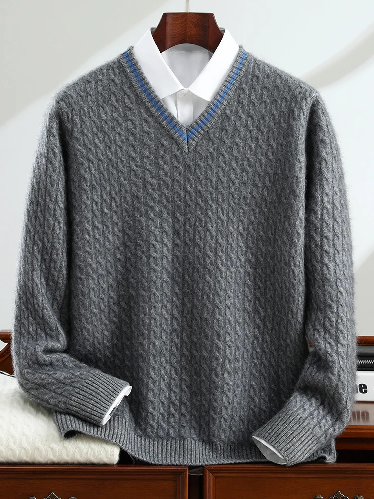 ADDONEE highquality mens cashmere sweater Vneck twisted flower pre made style with 100% knitted fabric suitable for autumn and winter 241115