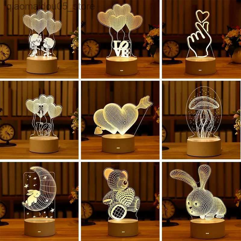 Lamps Shades Romantic Love 3D Acrylic Led Lamp for Home Childrens Night Lamp Table Lamp Birthday Party Decoration Valentines Day Bedside Lamp Q240416