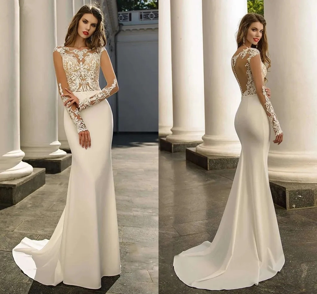 Ivory Elegant Satin Mermaid Wedding Dresses With Illusion Long Sleeves Lace Appliqued Bridal Gowns Sweep Train Boho Garden Beach Robes de Mariee Butto