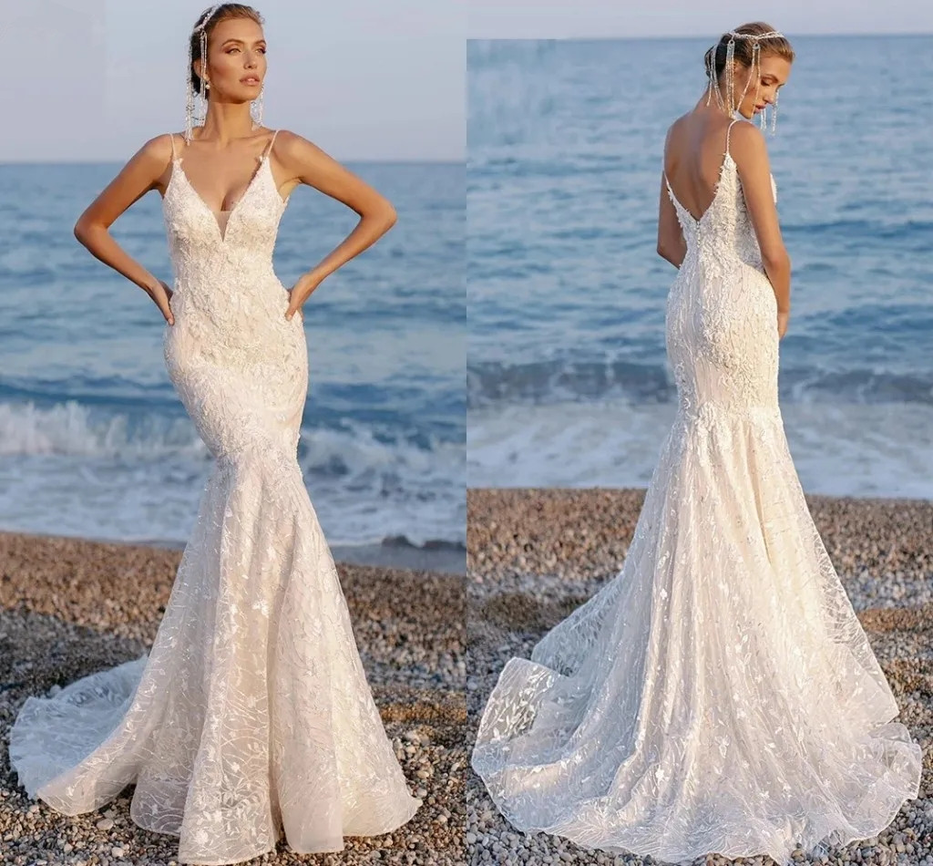 Lace Trumpet Mermaid Wedding Dresses For Bride Summer Beach Spaghetti Straps Bridal Gowns Sexy Low Back Fishtail Plus Size Boho Reception Party Dress 