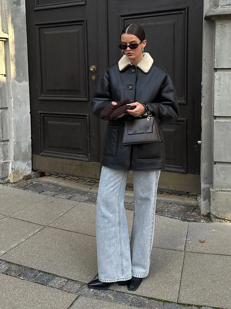 Classic Black Lapel Collar Woolen Warm Leather Jacket Fashion Single Breasted With Pocket Coat 2024 Winter Woman Wear 241115