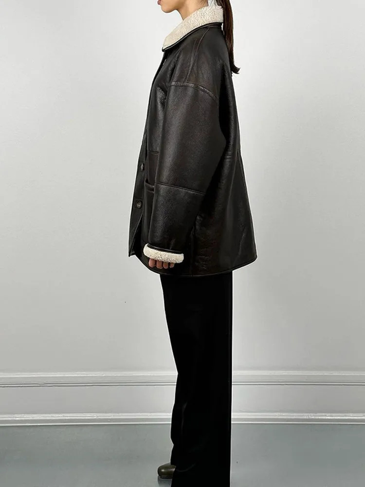 Classic Black Lapel Collar Woolen Warm Leather Jacket Fashion Single Breasted With Pocket Coat 2024 Winter Woman Wear 241115