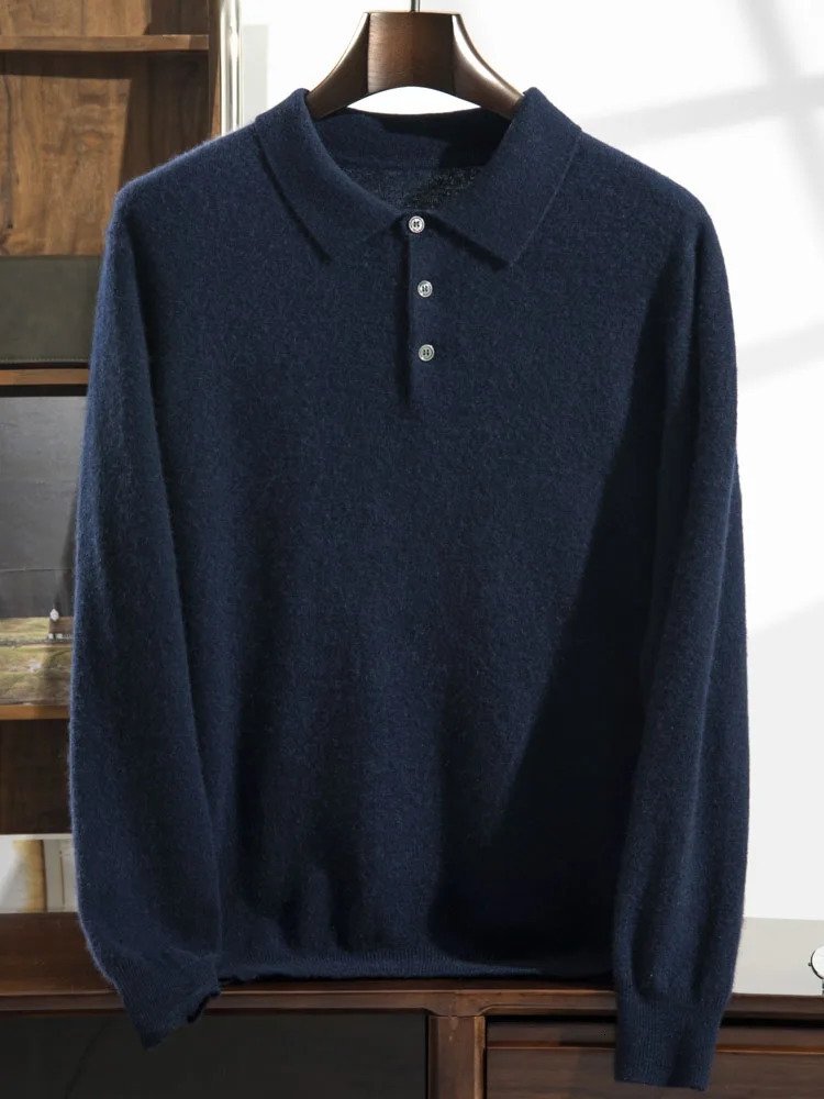 100% pure cashmere sweater with a lapel collar mens polo neck knitted floral patterns highend bottom shirt for business and leisure autumn loose thick