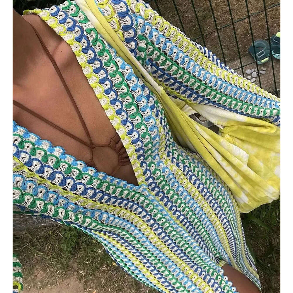 Crochet Colorful Stripe Maxi Dress Women Flare Sleeve Vneck High Split Sexy Long Dresses Autumn Beach Banquet Vestidos 240513