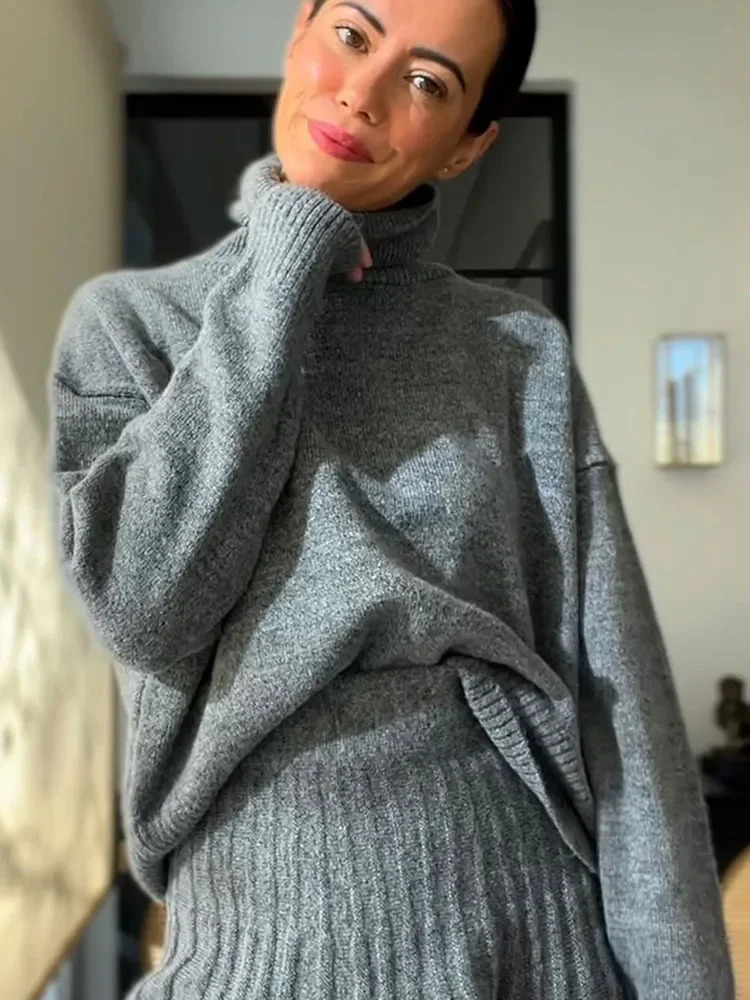 Womens gray knitted sweater bodysuit set chic turtle neck full sleeves drawstring pleated bodysuit womens knitted for autumn 241112