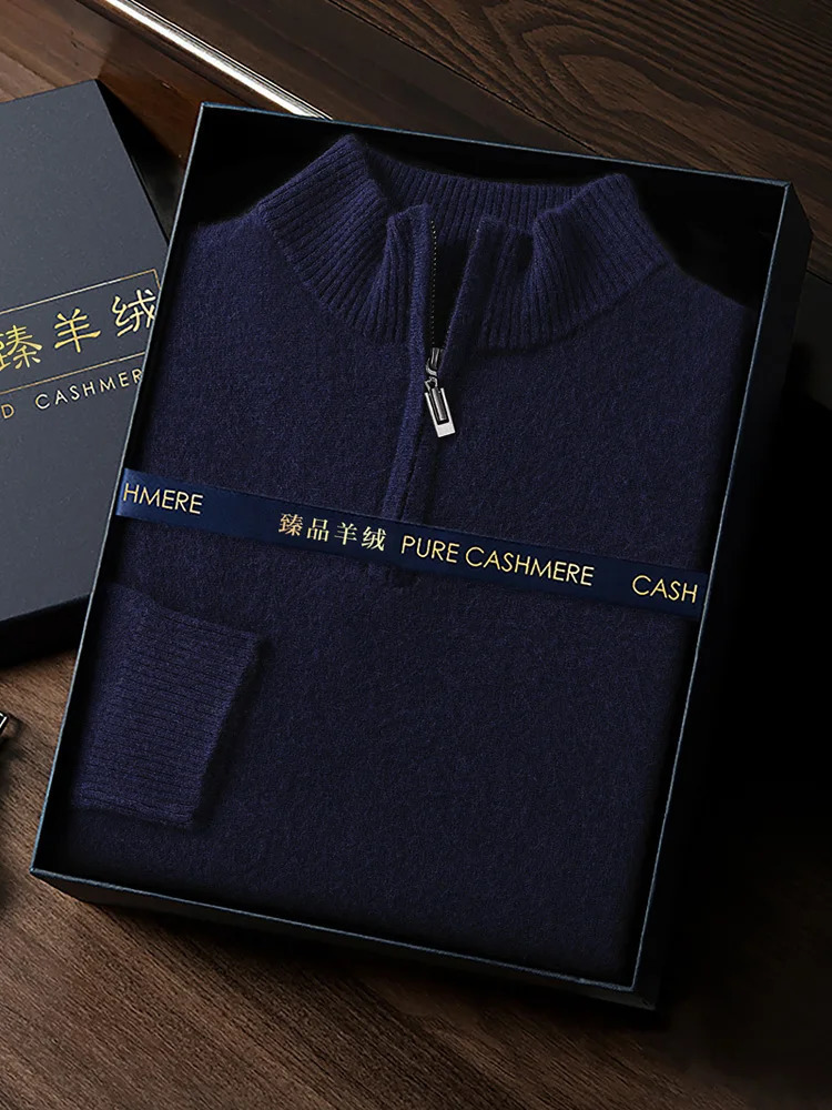 Qiku Mens 100% Cashmere Sweater Zipper Collar Plain Long Sleeve Basic Knitted Autumn Clothing Top 241115