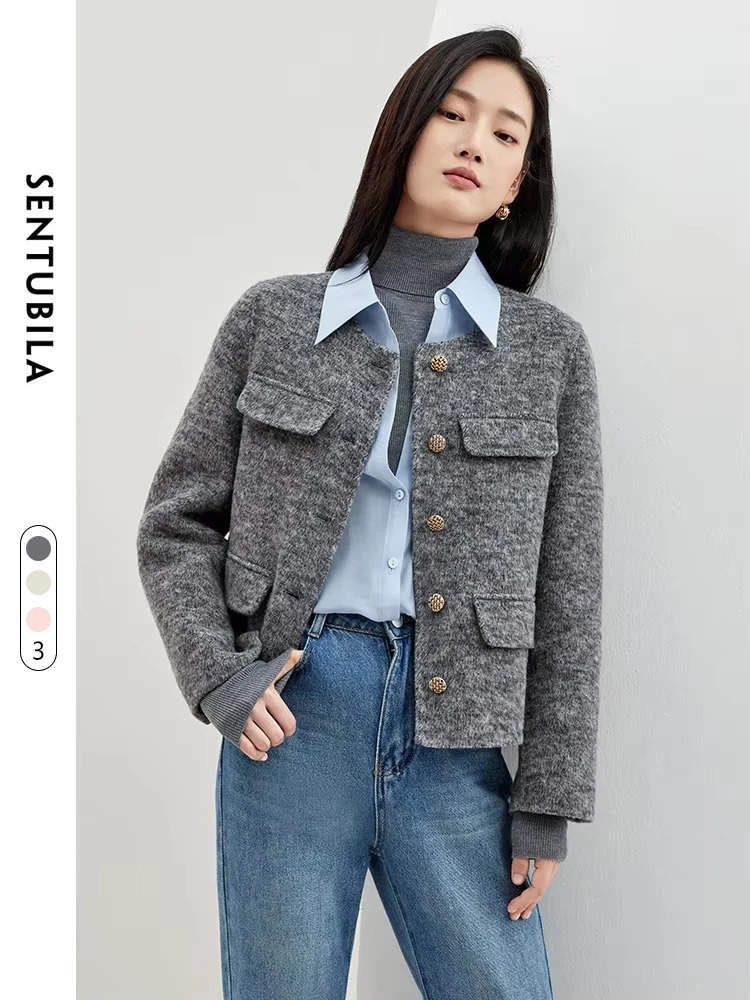SENTUBILA Cropped Woolen Jacket Women 2024 Elegant Wool Blend Short Winter Coat Long Sleeve Doublefaced Outerwear W34O49414 241108