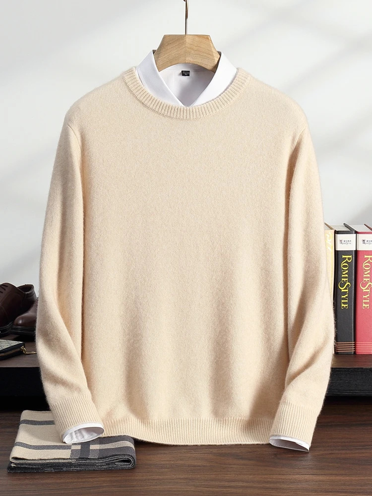 Autumn and Winter 100% Cashmere Sweater Mens Round Neck Pullover Solid Color Knitted Young Thick Warm Bottom Shirt 241115