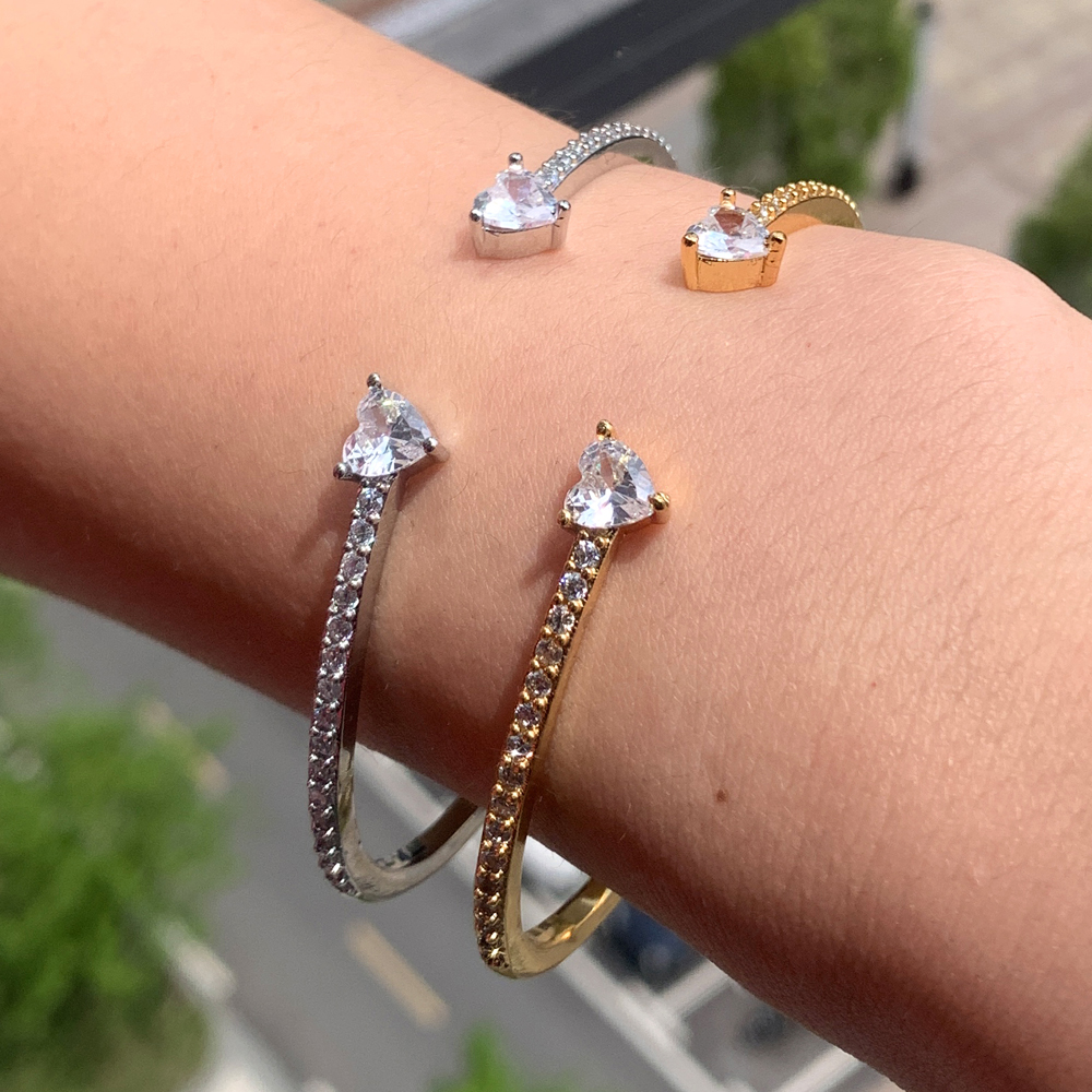 Bling 5A Heart Shaped Cubic Zirconia CZ Bangle Bracelet for Women Wholesale Iced Out Thin Band Stack Simple Classic Jewelry