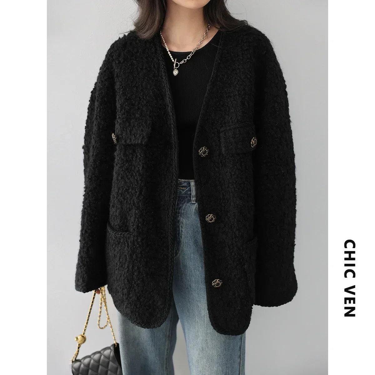 CHIC VEN Fashion Womens Wool Coat Single Breasted Vintage Jacket VNeck Office Lady Overcoat Female Tops Spring Autumn 2023 241108