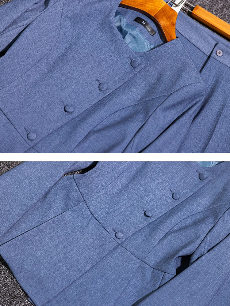 Grey Navy Blue Black Womens Pants Set Formal Business Work Clothes Solid Oneck Jacket and Trouser 2piece Suitable for Autumn Winter 241115