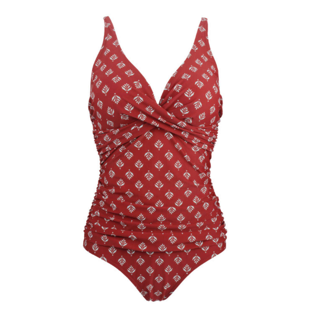 2024New Double Shoulder Pleated Belly Covering Triangle One Piece Swimwear for Swimming Women F41654
