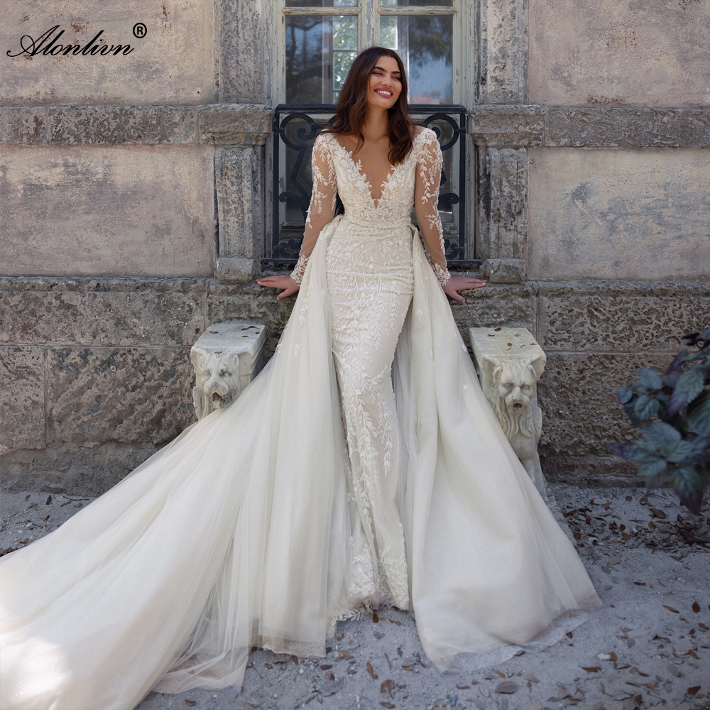 Allover Lace Beading Lace Sheer Neck 2 In 1 Mermaid Wedding Dress With Sliky Tulle Removable train Full Sleeves Trumpet Bridal Gowns With Floral Print