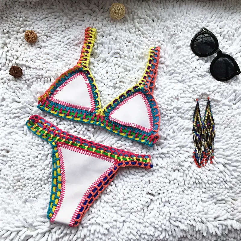 Crochet Swimwear for Female Knitted Swimsuits Neoprene Bikini Beachwear Boho Style Swimsuit Two Pieces Bathng Suits 220408
