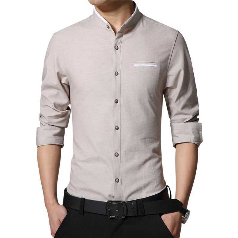 Men's Casual Shirts 2023 New Brand Mens Shirt Long Sleeve Banded Collar Easy Care Collarless Slim Fit Dress For Men Business 240416