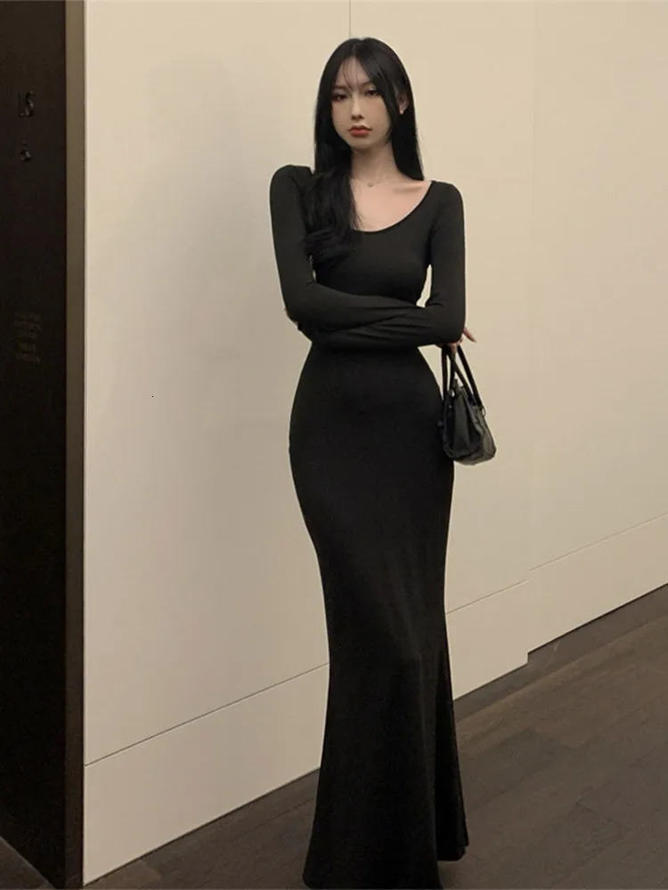 England Oneck Hip Package Woman Dress Trumpet Slim Long Sleeve Elegant Clothes 2024 Solid Summer Female Vestidos Maxi Dresses 240419