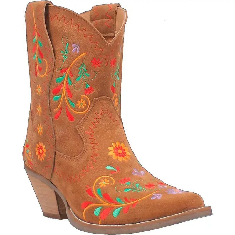Large size 48 49 50 artificial suede yellow blue curved toe ethnic embroidery flower short fat high heels womens western cowboy boots 241115