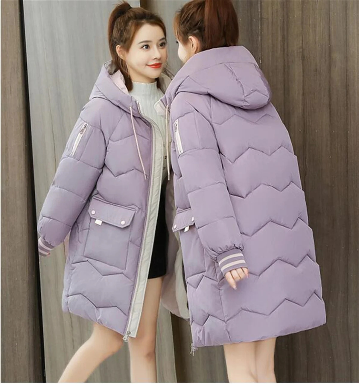 Women Winter Midlength Quilted Coat Hooded Overcoat Thick Warm Jackets Contrast Pockets Fashion Parkas Casual Loose Down Jacket 241108