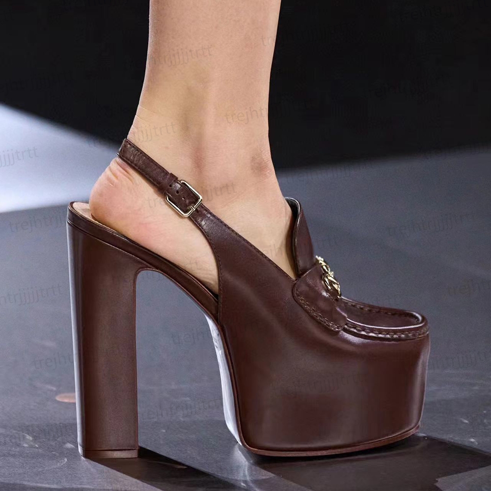 Genuine leather chunky heel suspender sandals calfskin hardware buckle decoration platform dress shoes for women's luxury designer high heels 35-42 with box