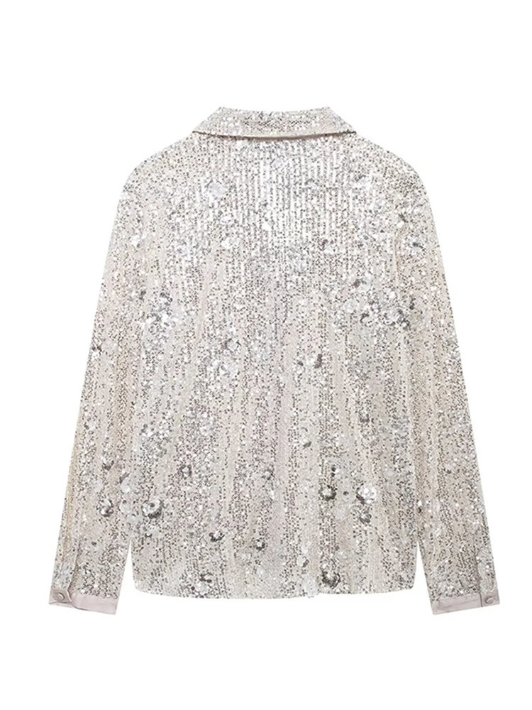 Fashion sequin decal womens shirt Y2K Street Stand collar single chest shiny womens holiday party womens fashion top 241115