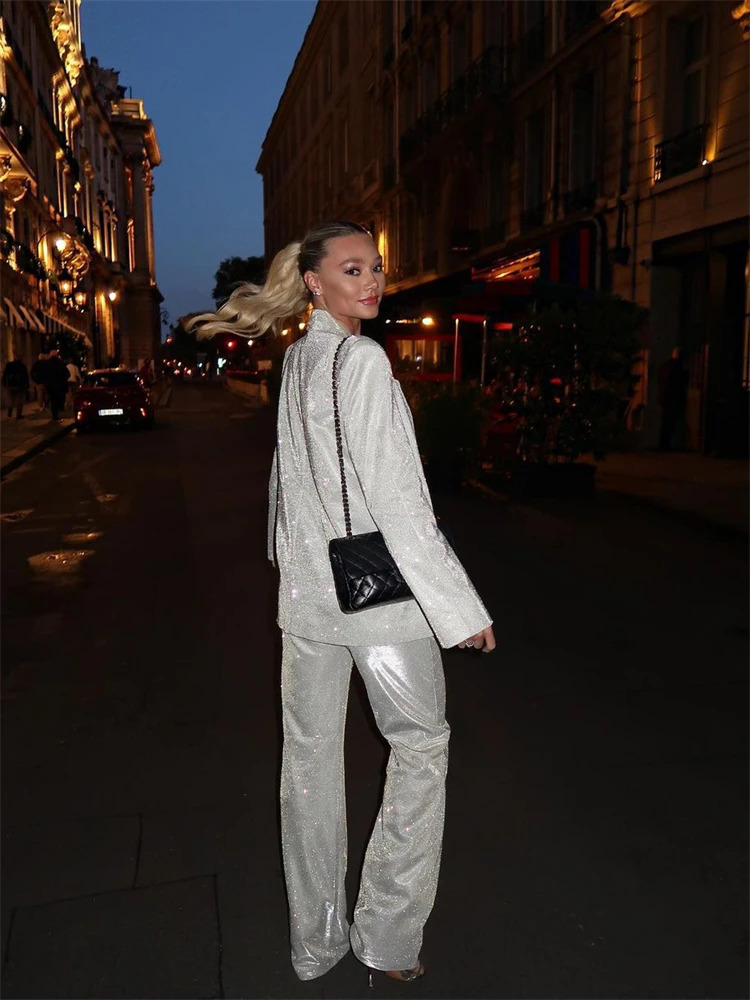 Taruxy Silver Sparkling Ultra fine Womens Jacket Set Casual and Pants Sleeveless Party 241115