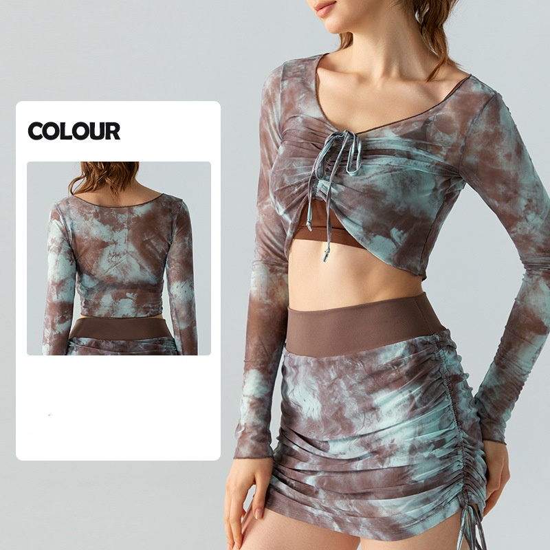 2025--Women Yoga Long Sleeve Shirts+Short Skirts Set Yoga Outfit Fitness Suit Top Printed Gauze Sports Shirts Sports Shaping Waist Tight Fitness Sport