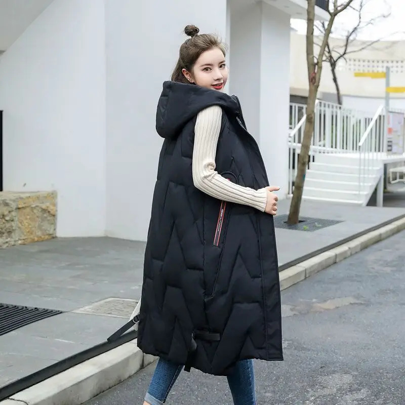 ultra-fine cotton vest sleeveless jacket for womens autumn and winter hooded waist jacket inflatable park long warm cotton jacket 241111