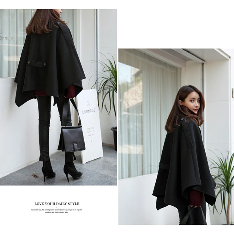 Womens retro wool coat with open collar and rain cape 241115