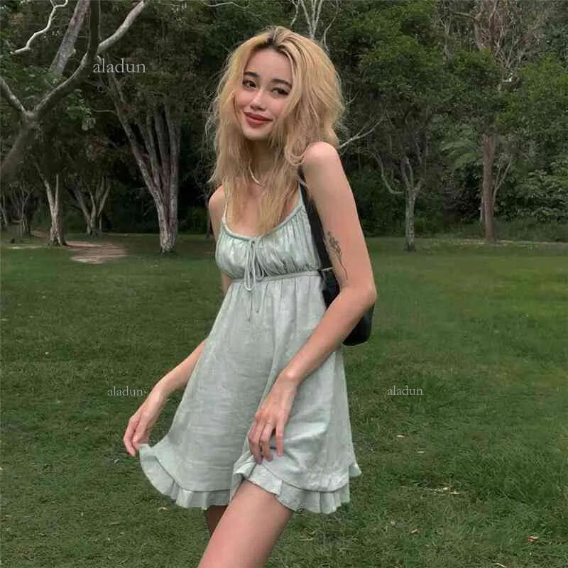 Mint Green Grunge Fairy Dresses Summer Spaghetti Strap Backless Sexy Sundresses Ruffles Strap Mini Dresses Women Clothes 210521