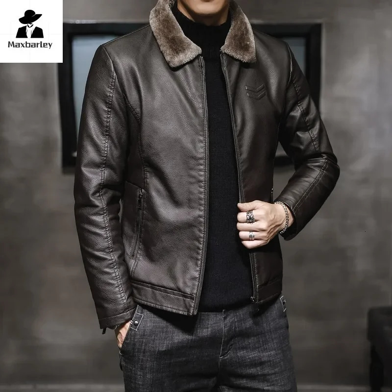 Autumn and Winter Leather Jacket Mens Business Thickened Faux Fur Collar Windproof Warm PU Coat Brand Motorcycle 241108